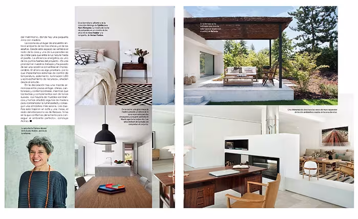Doble página de Yo Dona con un retrato de la arquitecta, la pérgola, el despacho de madera y la sala con chimenea