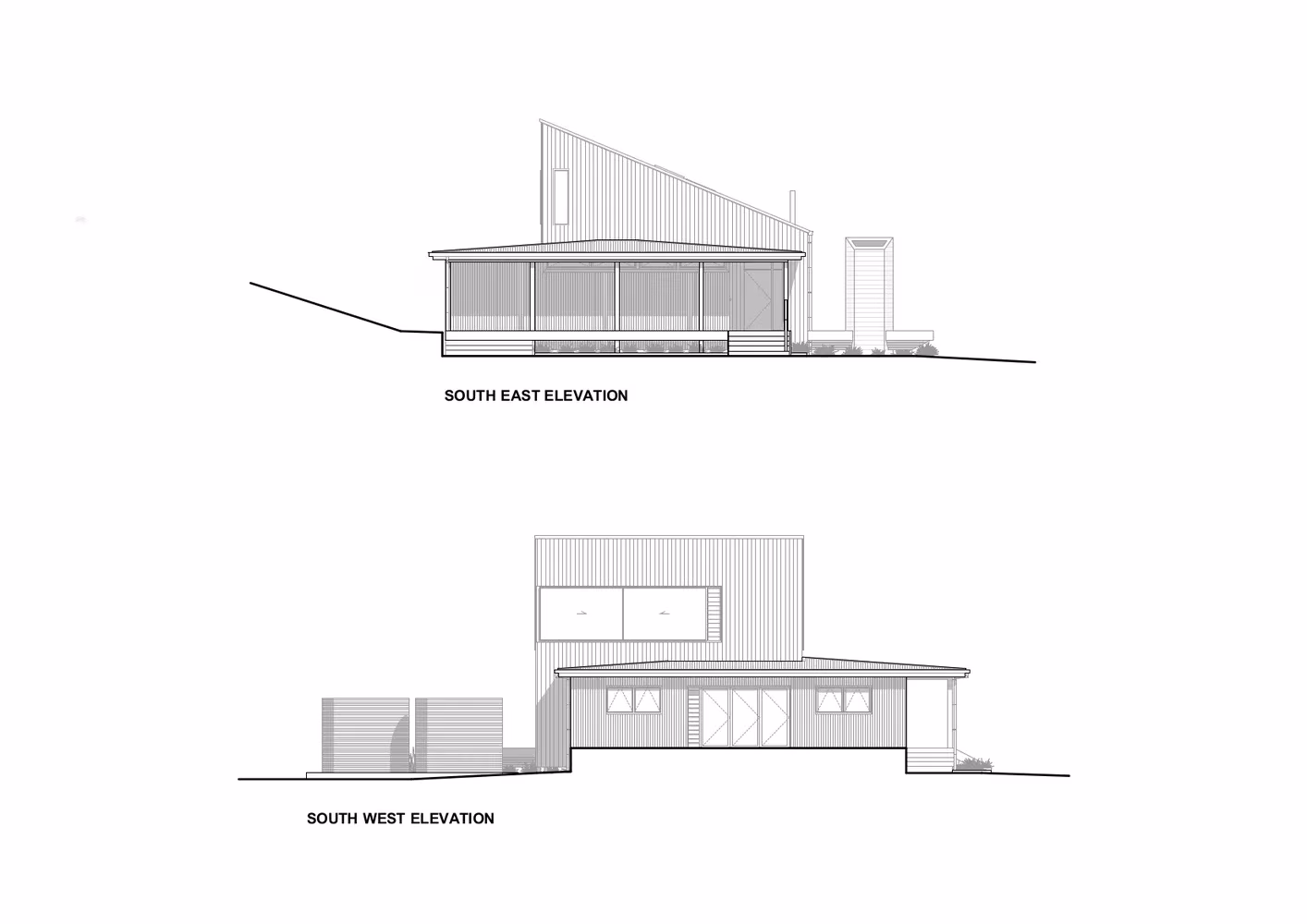 Alzados sureste y suroeste de la Back Country House de LTD Architectural Design Studio