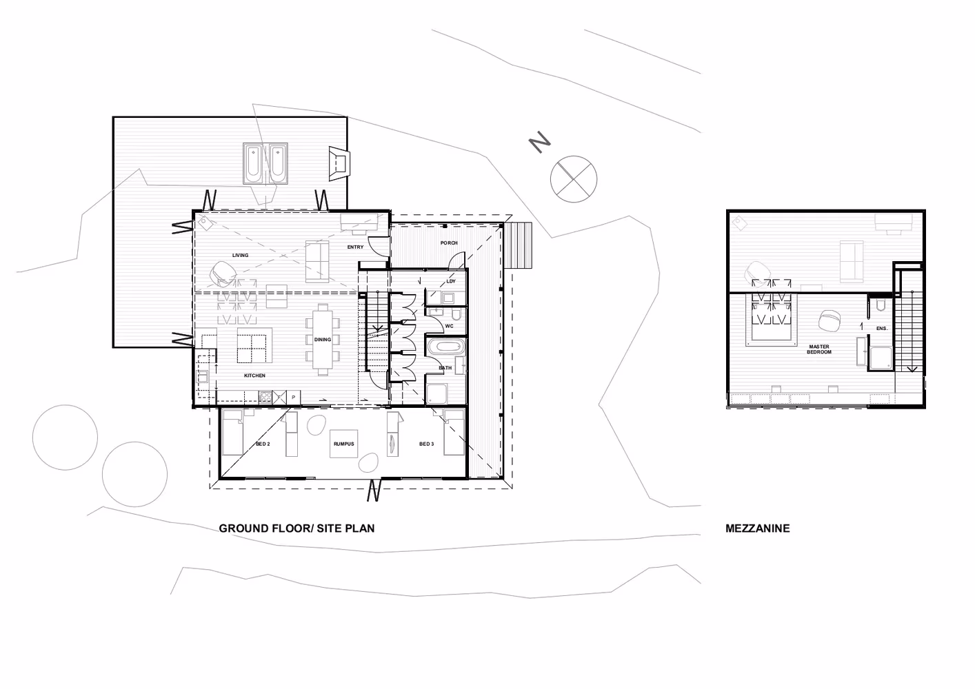 Planta baja y entreplanta de la Back Country House de LTD con el emplazamiento sobre la ladera, cerca de Puhoi