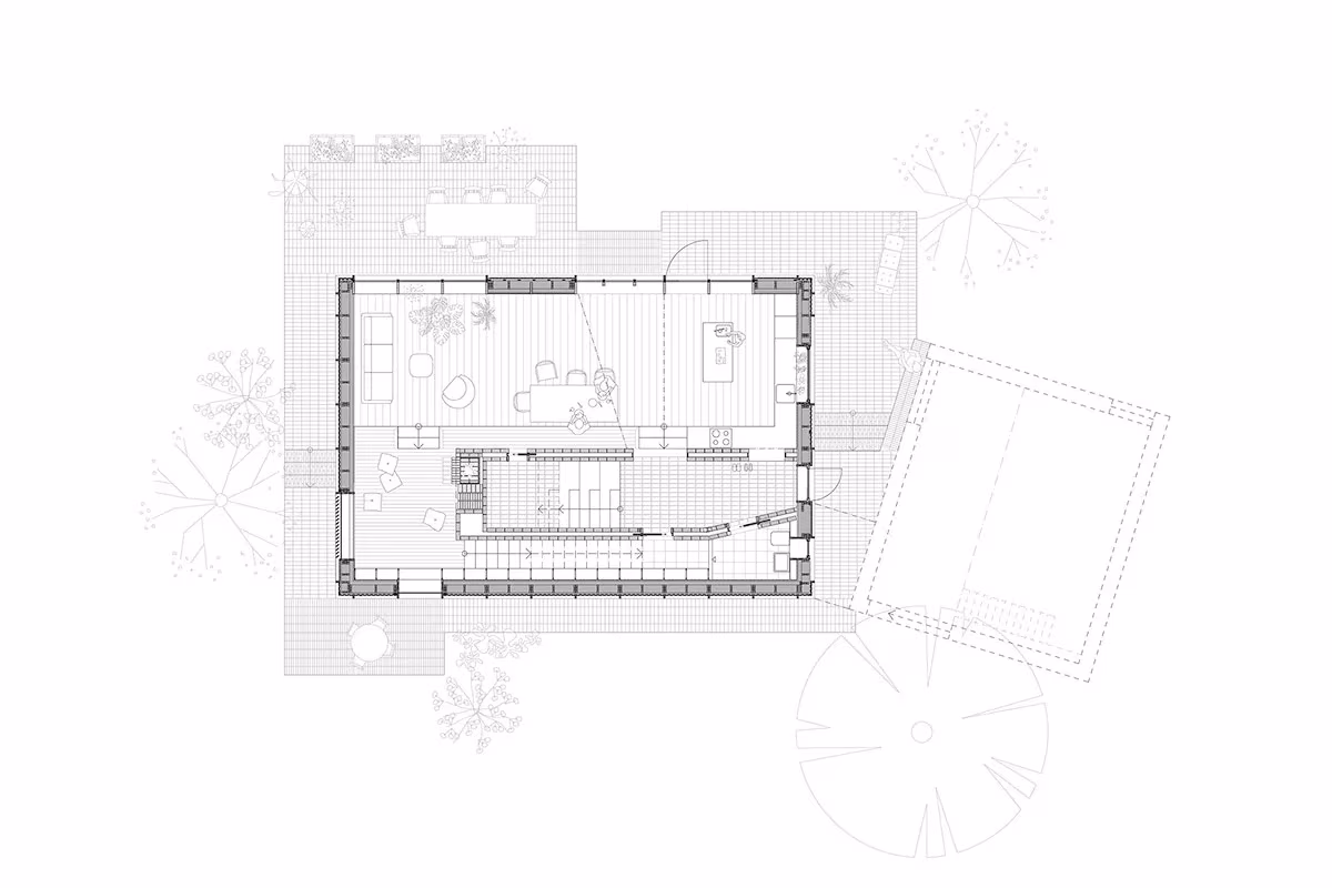 Planta amueblada de la Villa Idun-Lee con la cocina, la escalera y las habitaciones entre los árboles