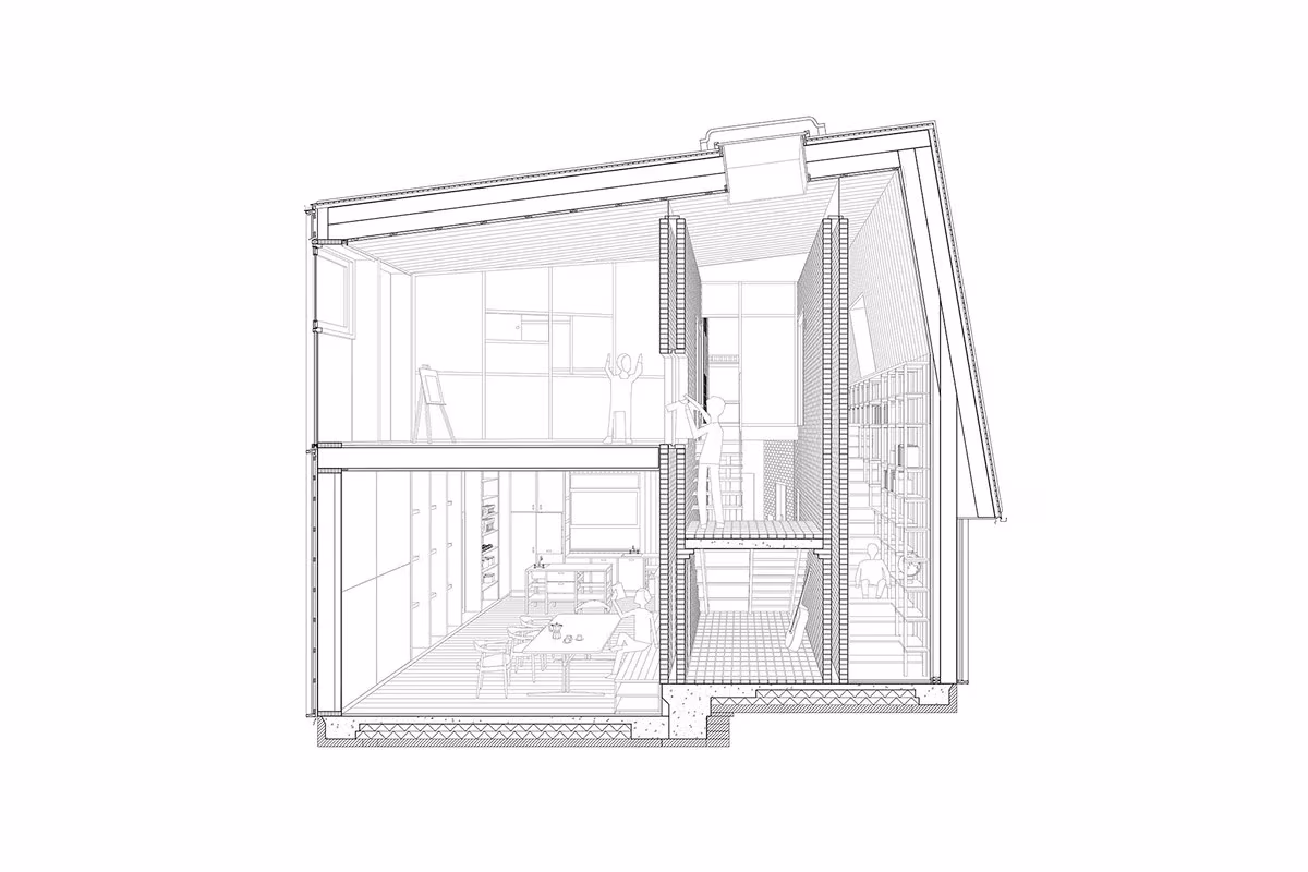 Sección axonométrica de la Villa Idun-Lee con la escalera y los forjados de madera