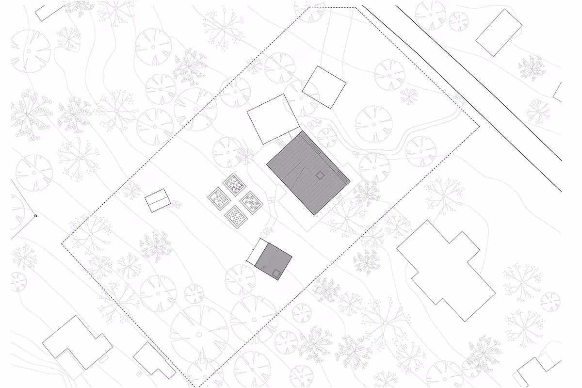 Plano de emplazamiento de la Villa Idun-Lee con la casa y los pabellones entre los pinos de Nacka
