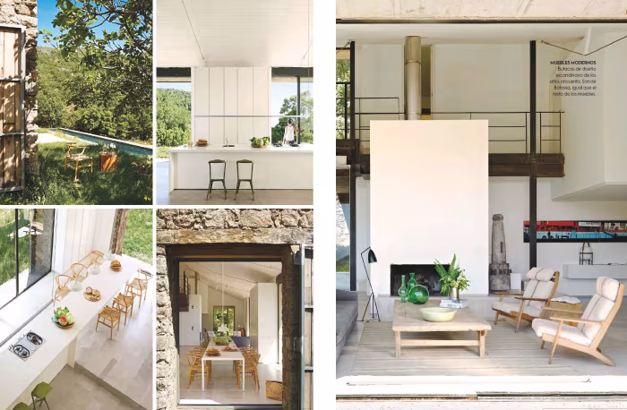 Collage de cocina blanca, comedor y estar con chimenea en la reforma del antiguo establo, revista El Mueble
