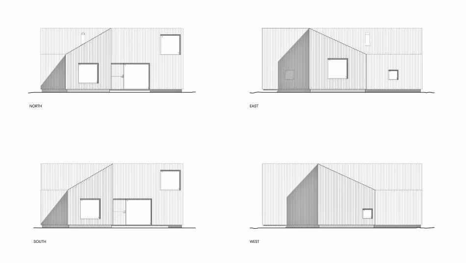 Alzados norte, este, sur y oeste de la Mylla Hytte de Mork Ulnes Architects con su cubierta quebrada
