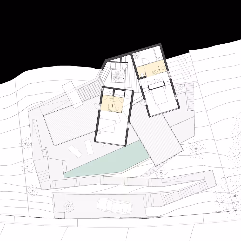 Planta de dormitorios de la Casa Can Canyís con los volúmenes girados sobre las curvas de nivel de la ladera