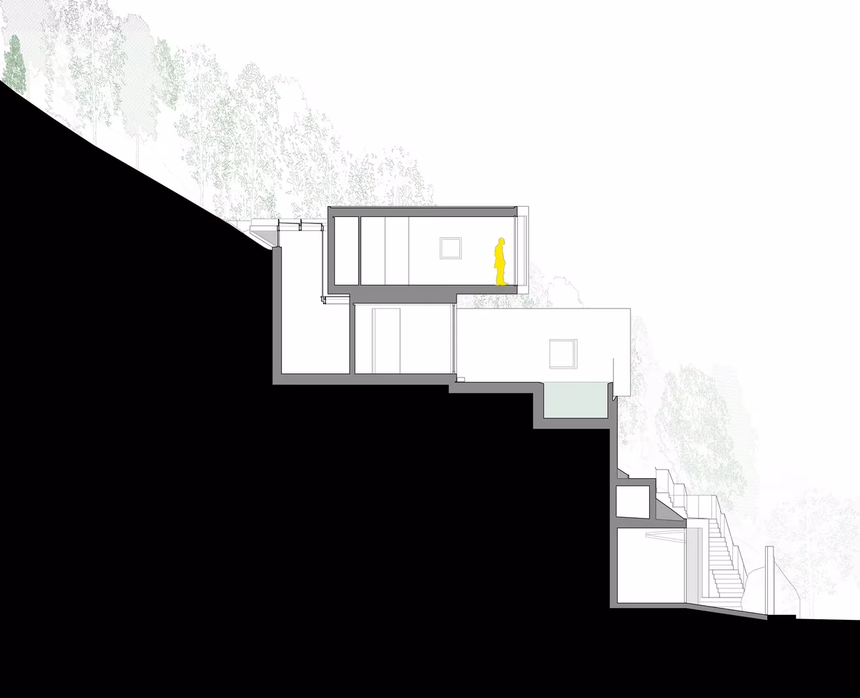 Sección de la Casa Can Canyís con los cuatro prismas escalonados siguiendo la pendiente del terreno en Canyamel