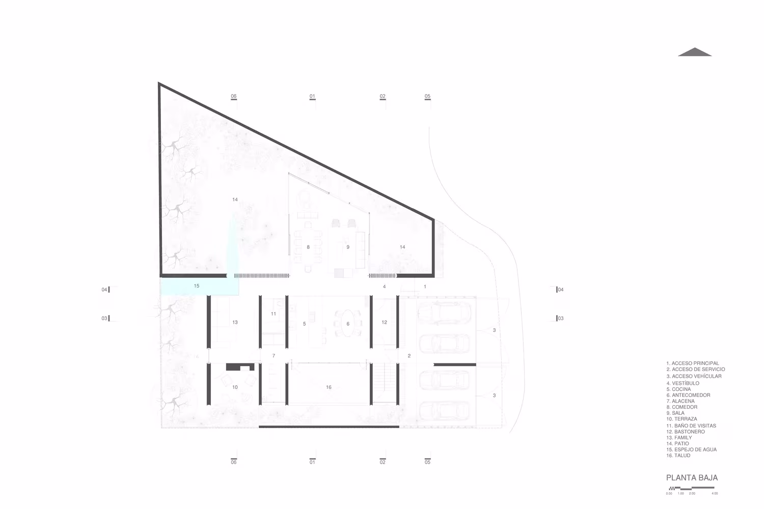 Planta baja de Genius Loci con la losa de cubierta triangular sobre las estancias, de Tescala en Monterrey