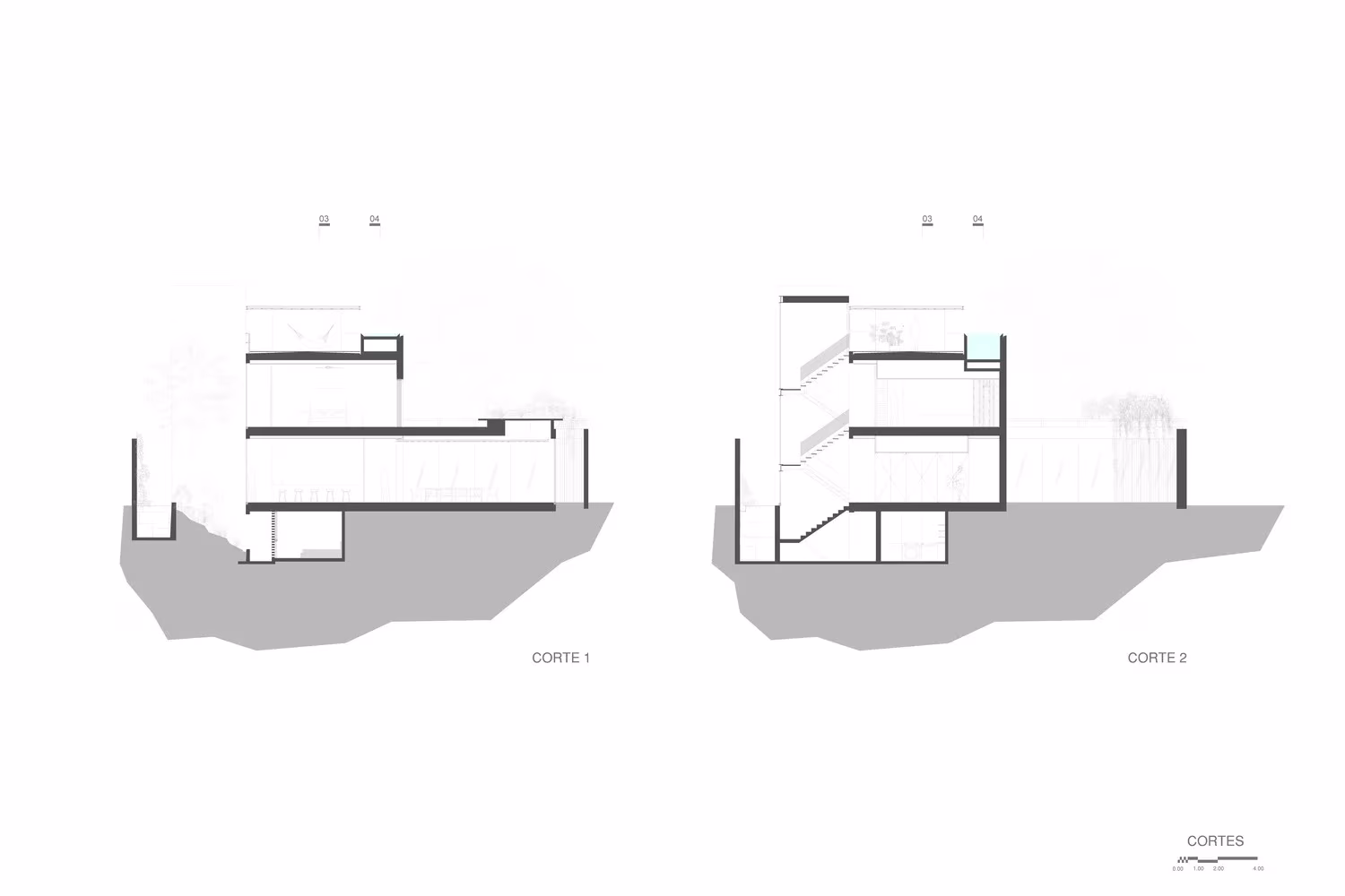 Secciones 1 y 2 de Genius Loci de Gabriela Carrillo y Tescala, con la casa adaptada al desnivel del terreno