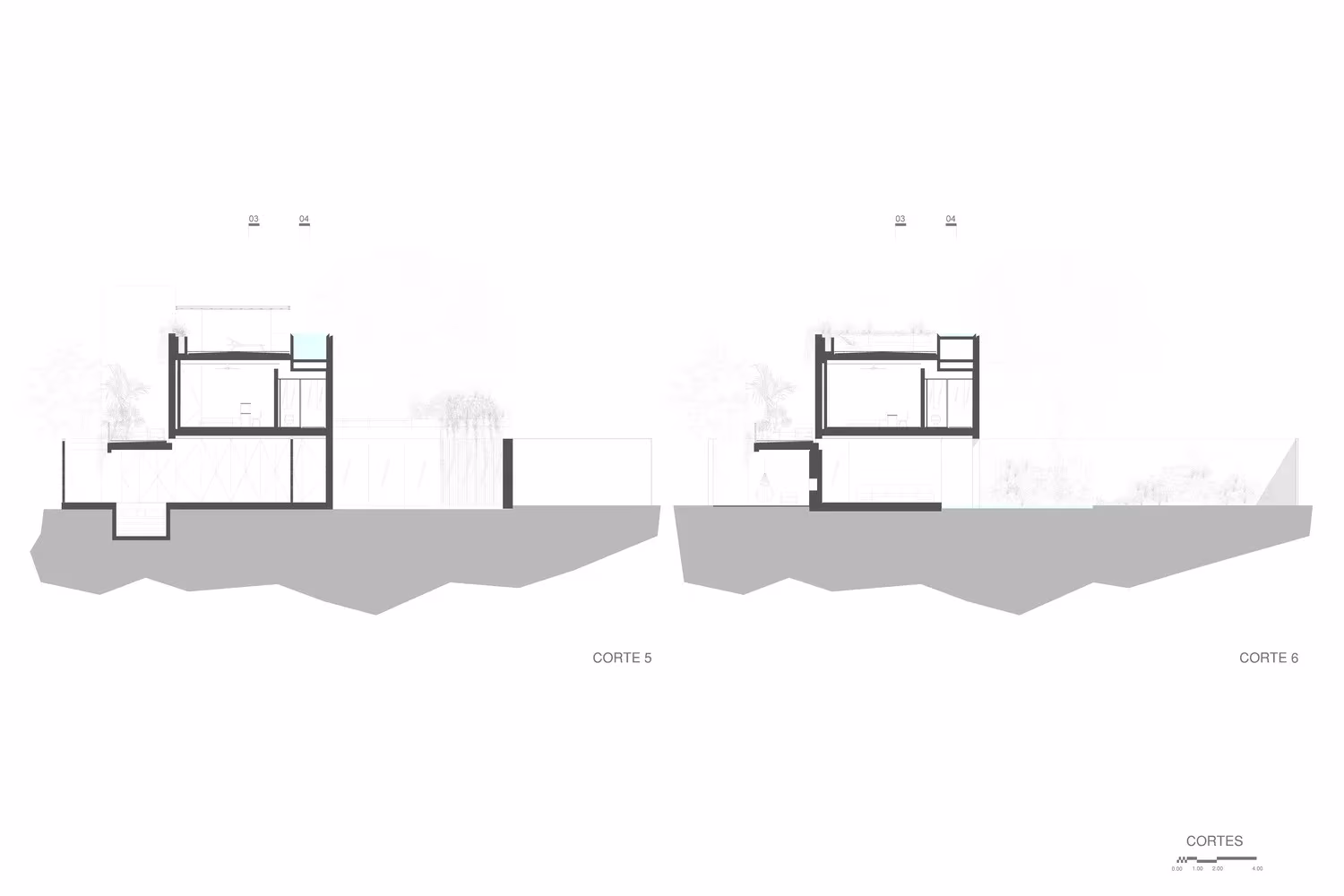 Secciones 5 y 6 de Genius Loci de Tescala, con el perfil del terreno y la estructura de la vivienda de Monterrey