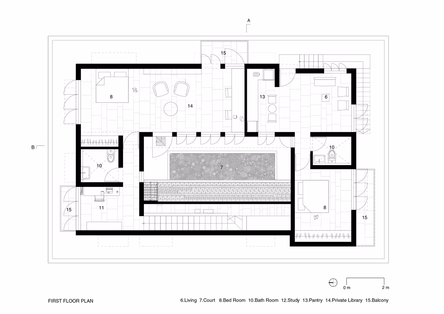 Planta primera de Court House de Moad con dormitorios, sala de estudio y balcón en torno al patio central de Chennai
