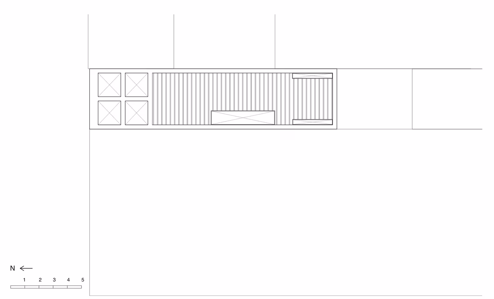 Plano de cubierta de la Skinny House de Melbourne con lucernarios sobre la franja estrecha del solar