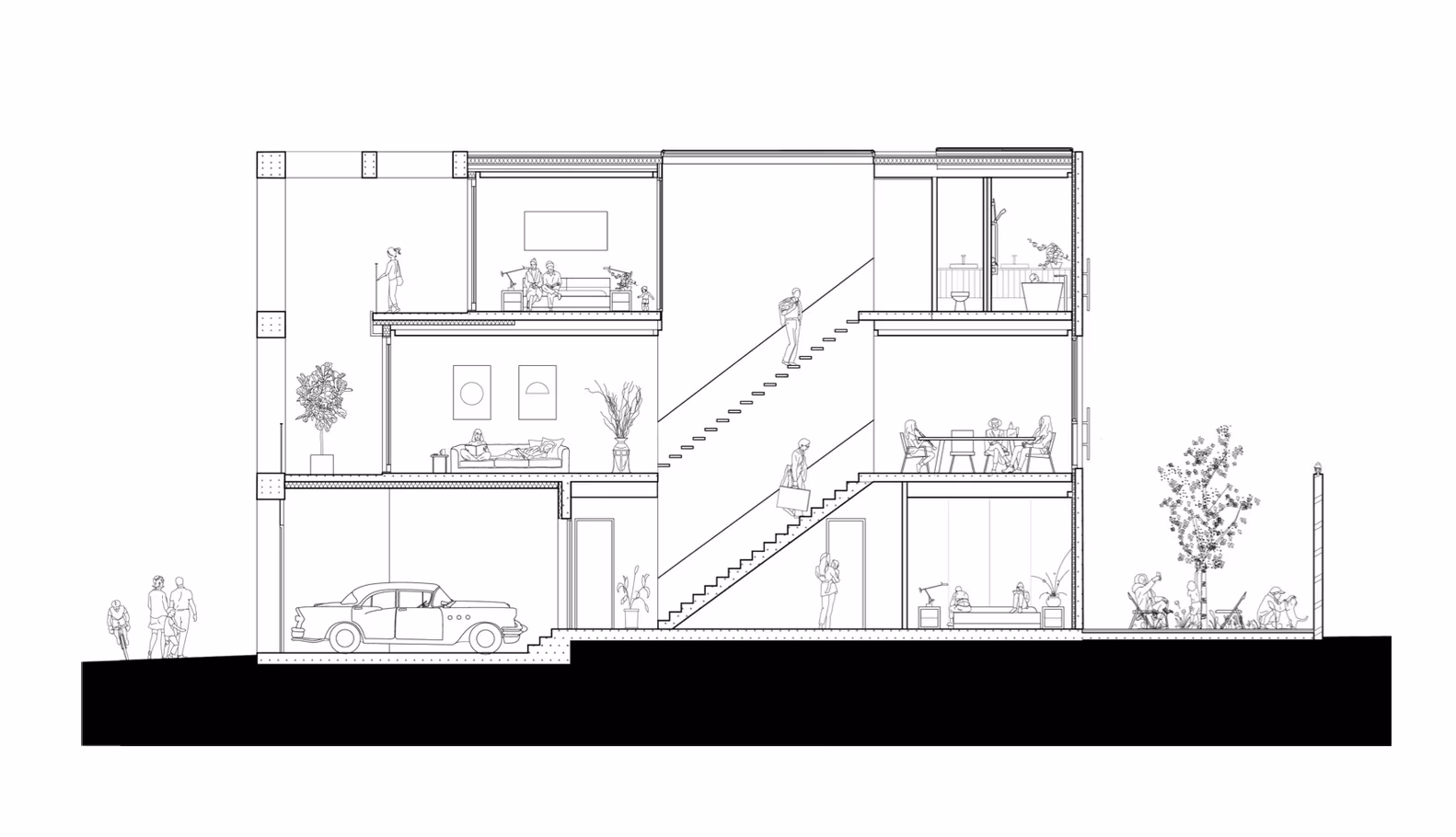 Sección de la Skinny House de Oliver du Puy Architects con garaje, tres plantas y escalera en solo 4,2 metros de ancho