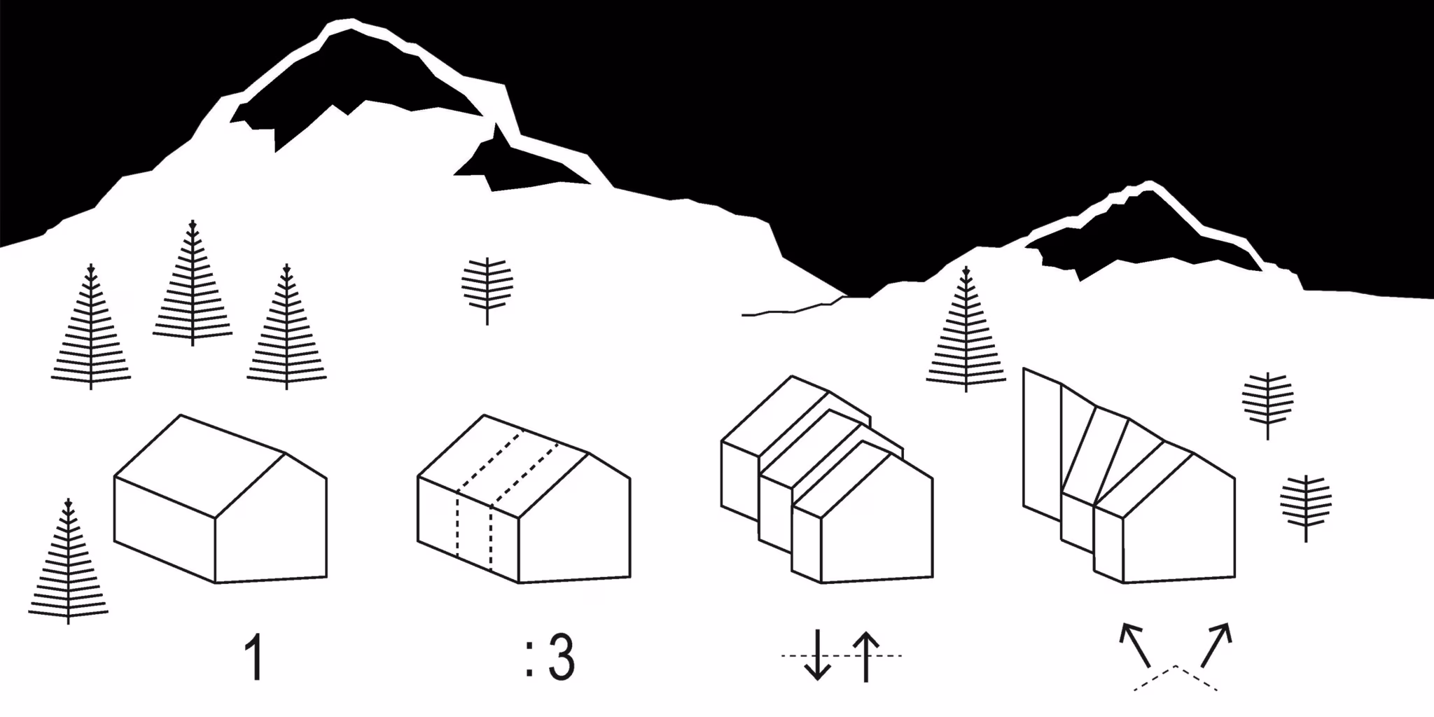 Esquema de generación del volumen del refugio Skuta, desde la casa a dos aguas hasta tres módulos escalonados