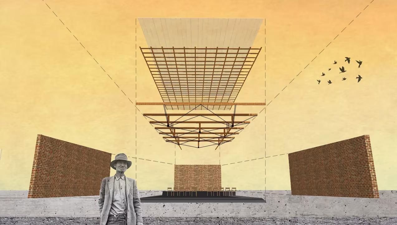 Collage de la Casa de Oración, con dos muros de ladrillo y una cubierta ligera de celosía sobre un fondo de cielo ocre