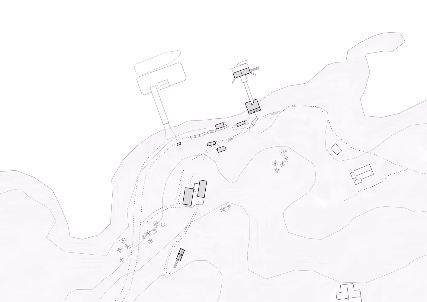Plano de situación del refugio de Fleinvær con las nueve cabañas dispersas sobre la isla, de Tyin Tegnestue