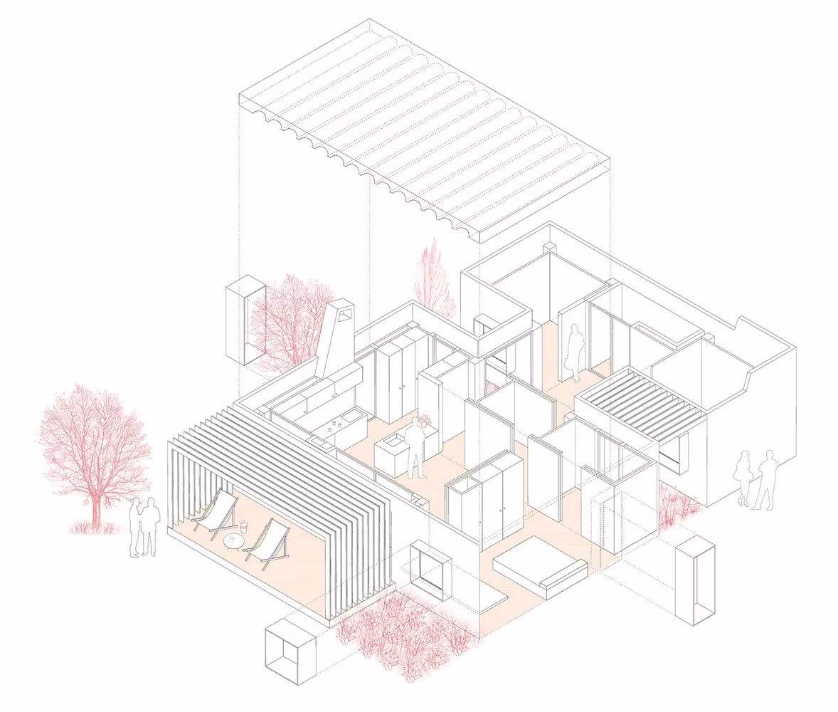 Axonometría de la casa de Botarell con sus estancias, el patio y la pérgola de lamas, de NUA Arquitectures