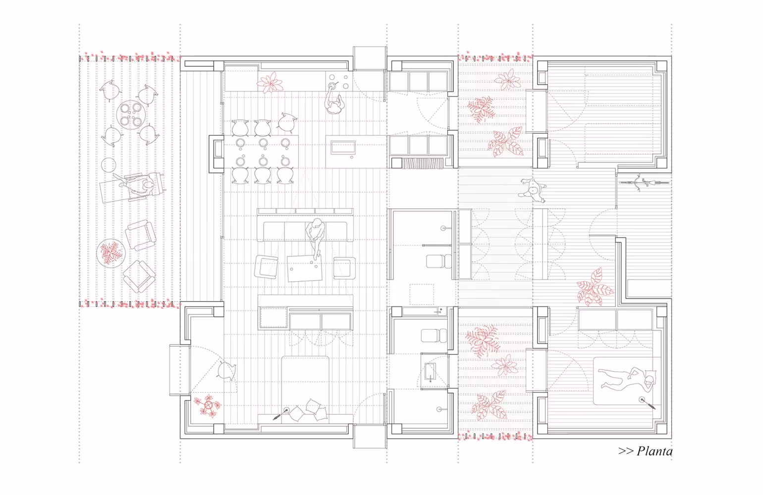Planta de una de las piezas de la casa de Botarell, con salón, cocina y dormitorios en torno a un patio