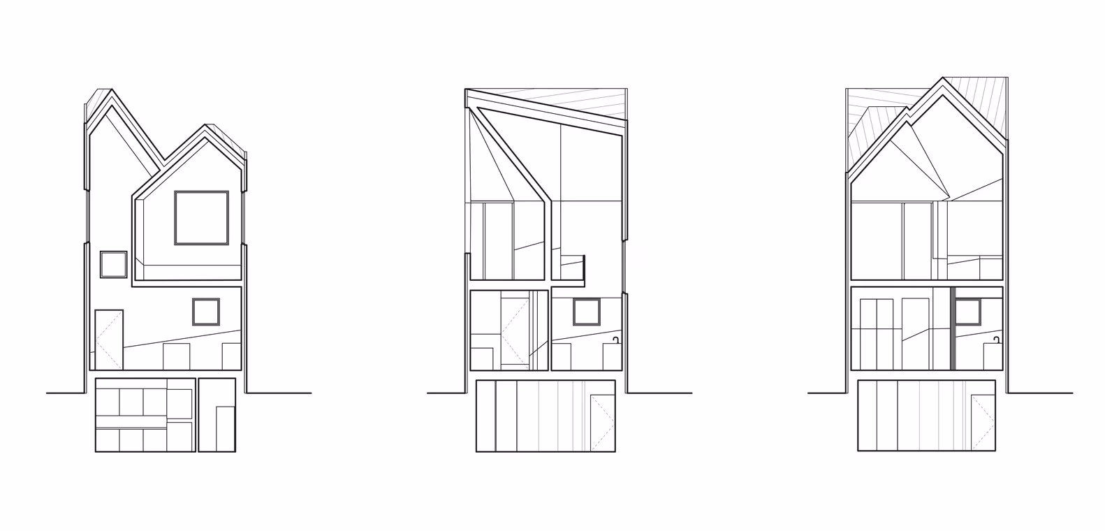 Tres secciones transversales de la Haus Gables de Jennifer Bonner, con los tejados a dos aguas escalonados