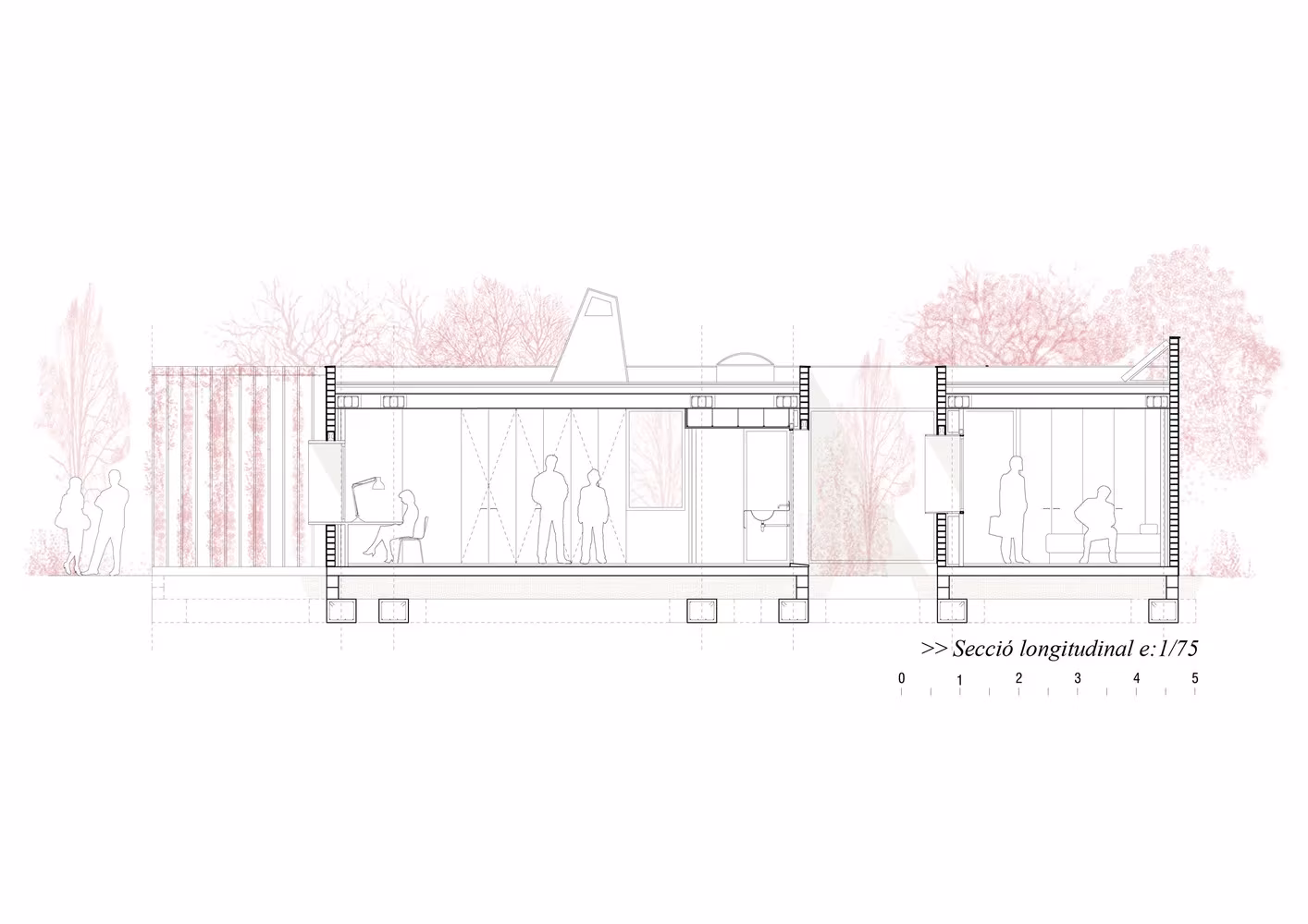 Sección longitudinal de la casa de NUA Arquitectures en Botarell, con las estancias y el patio bajo cubierta plana