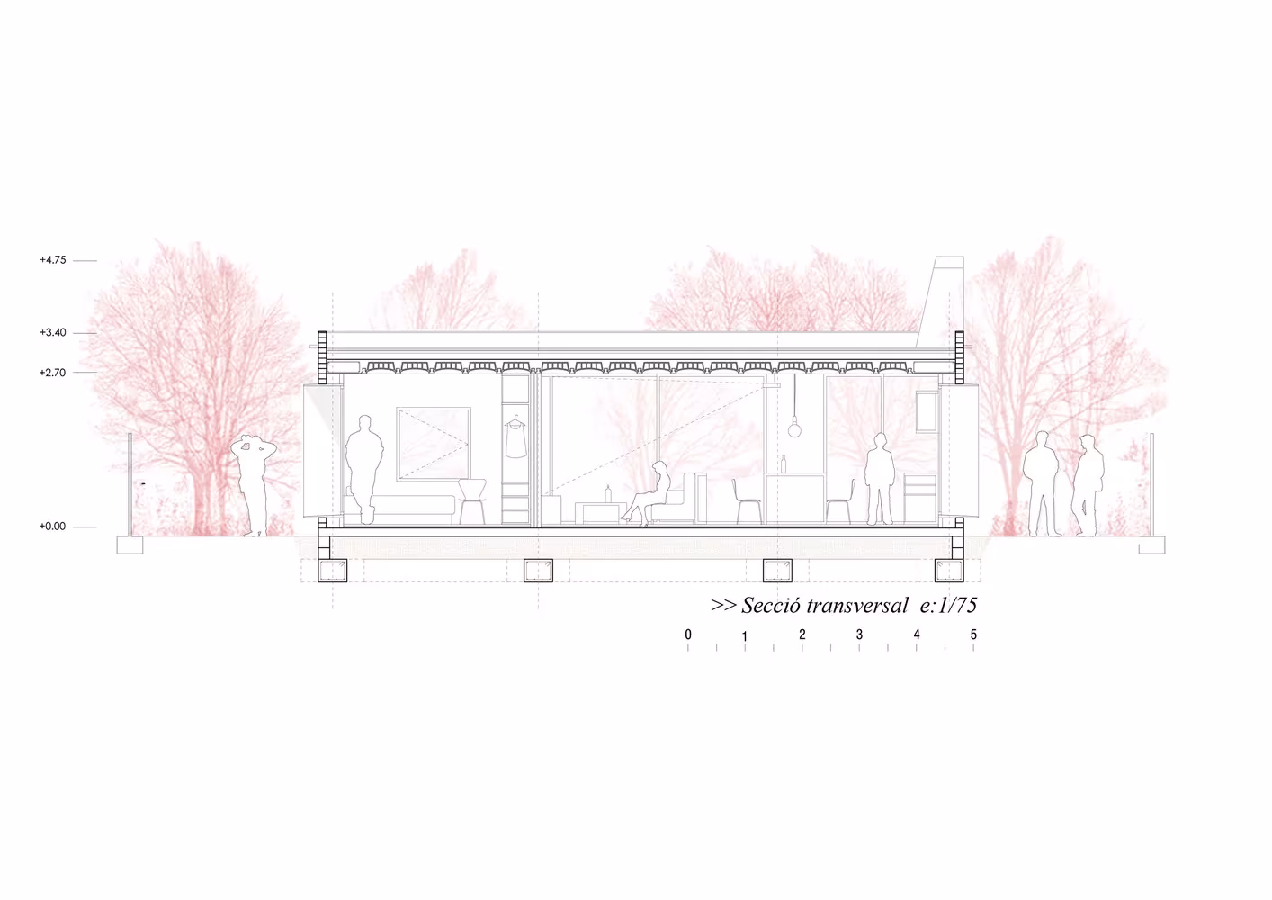 Sección transversal de la casa de Botarell de NUA Arquitectures, con la cubierta ajardinada y las estancias