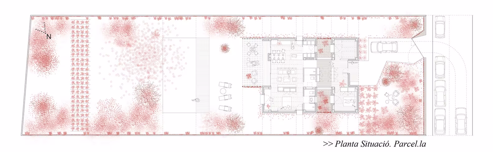 Planta de situación de la casa de Botarell, con las piezas de NUA Arquitectures alineadas en la parcela alargada