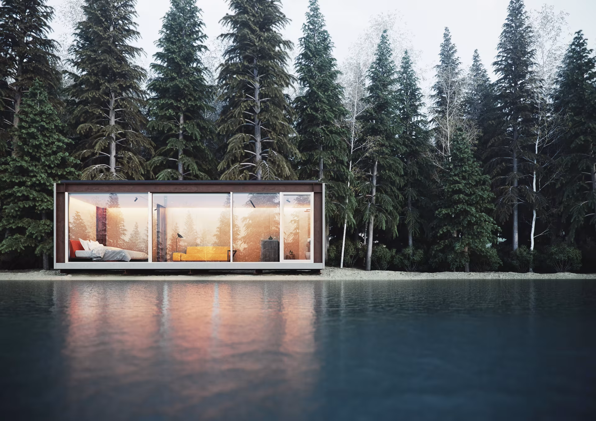 Microcasa NO.MADE de ARC Studio Perlini ante un lago y un bosque de abetos, con la cristalera iluminada