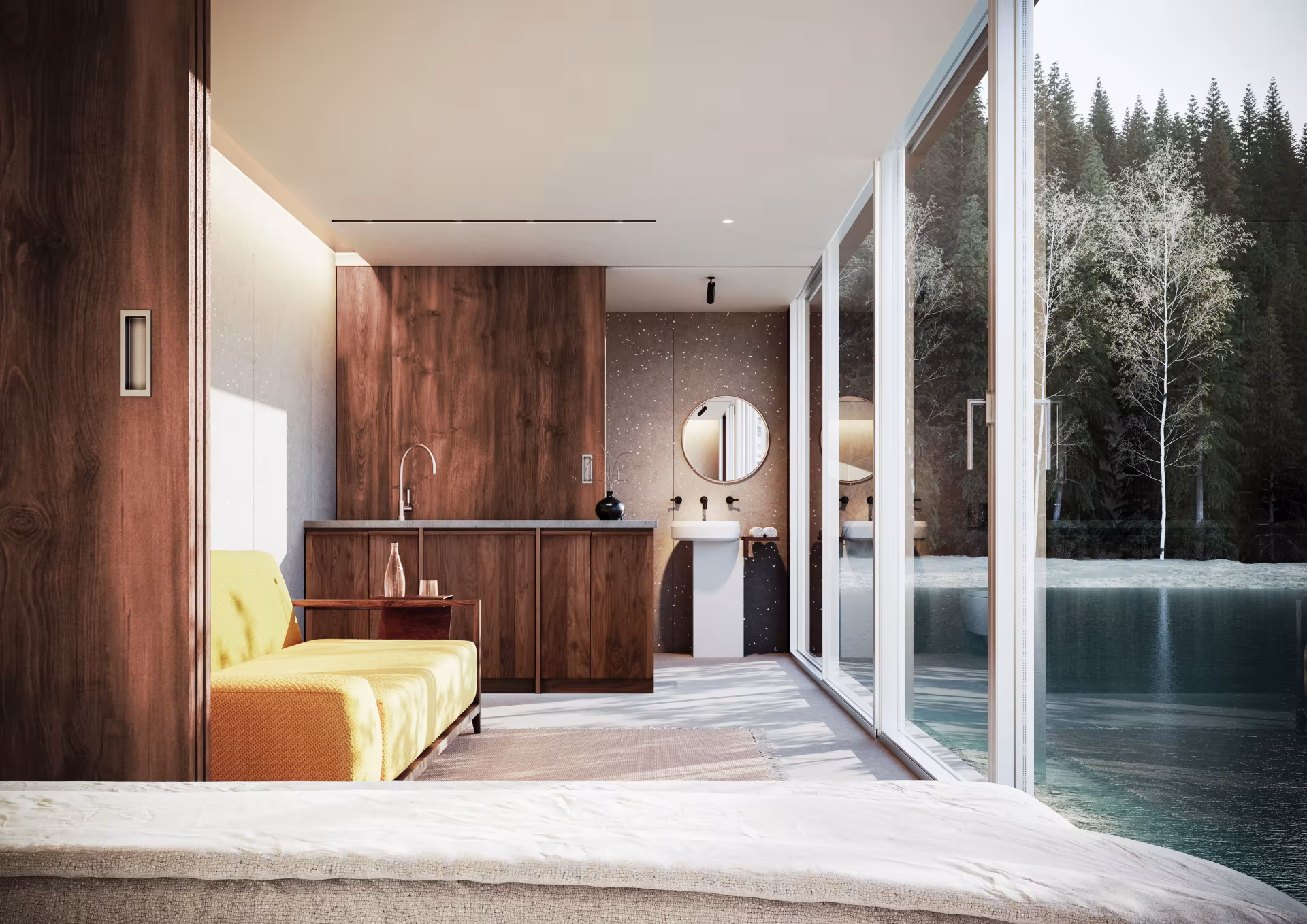 Interior de la microcasa NO.MADE con sofá amarillo, paneles de madera y cristalera hacia un lago nevado