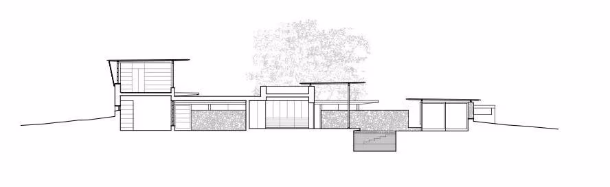 Sección de Utsav House de Studio Mumbai con los pabellones a distintos niveles y el árbol sobre la cubierta