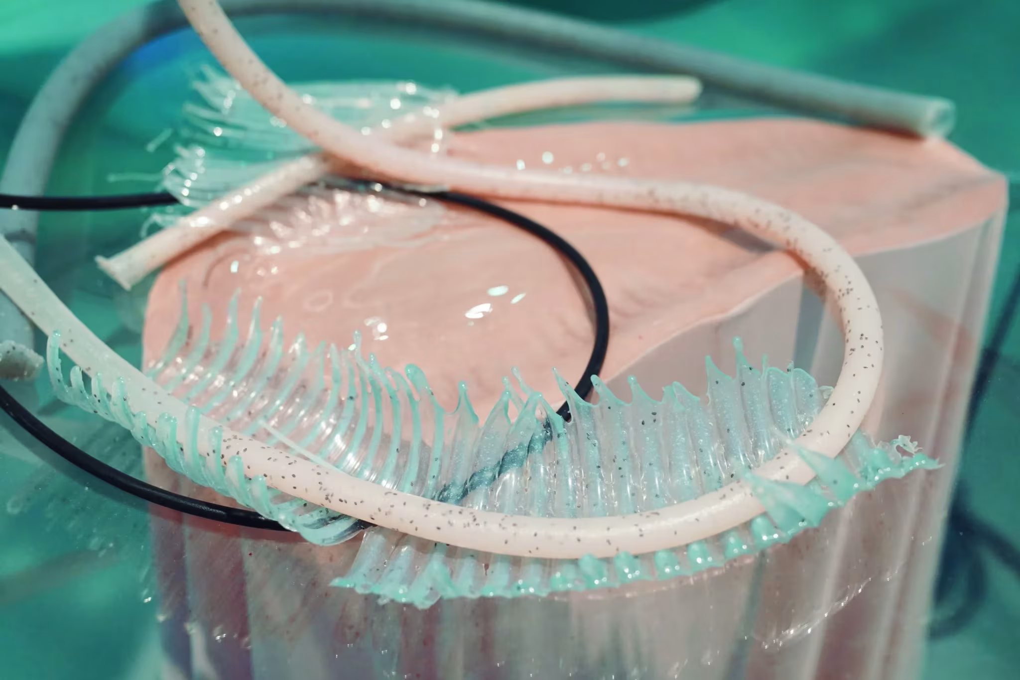 Detalle de una pieza escultórica de resina translúcida con cables y apéndices turquesa y rosados