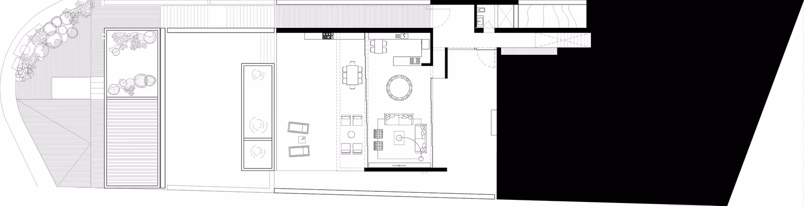 Plano de planta de una vivienda del Taller Héctor Barroso en Valle de Bravo, con mobiliario dibujado