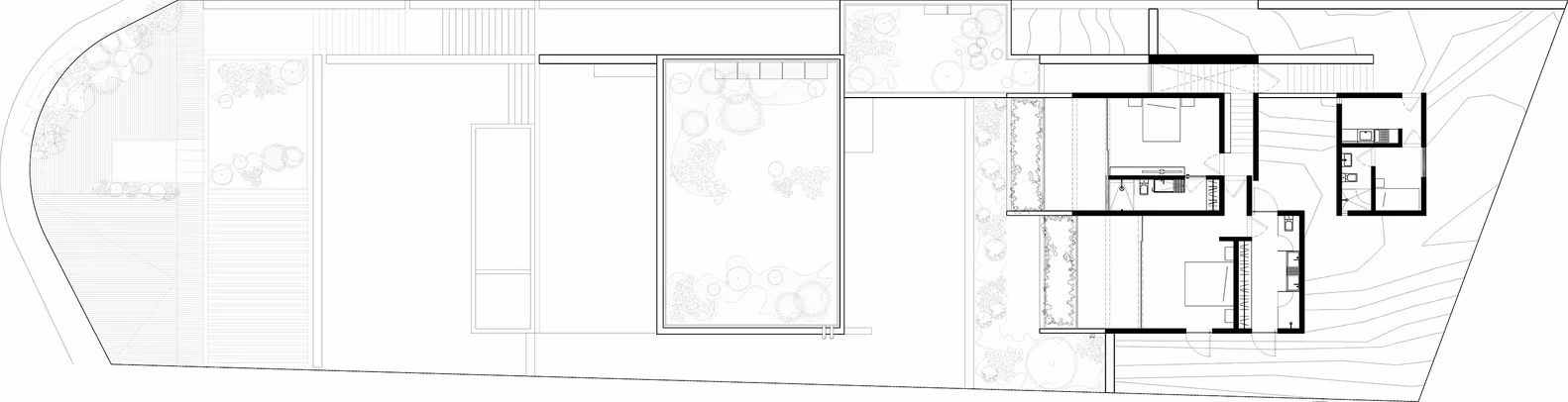 Plano de la última planta de la Casa Tucán, de Taller Héctor Barroso, con los dormitorios junto al patio central