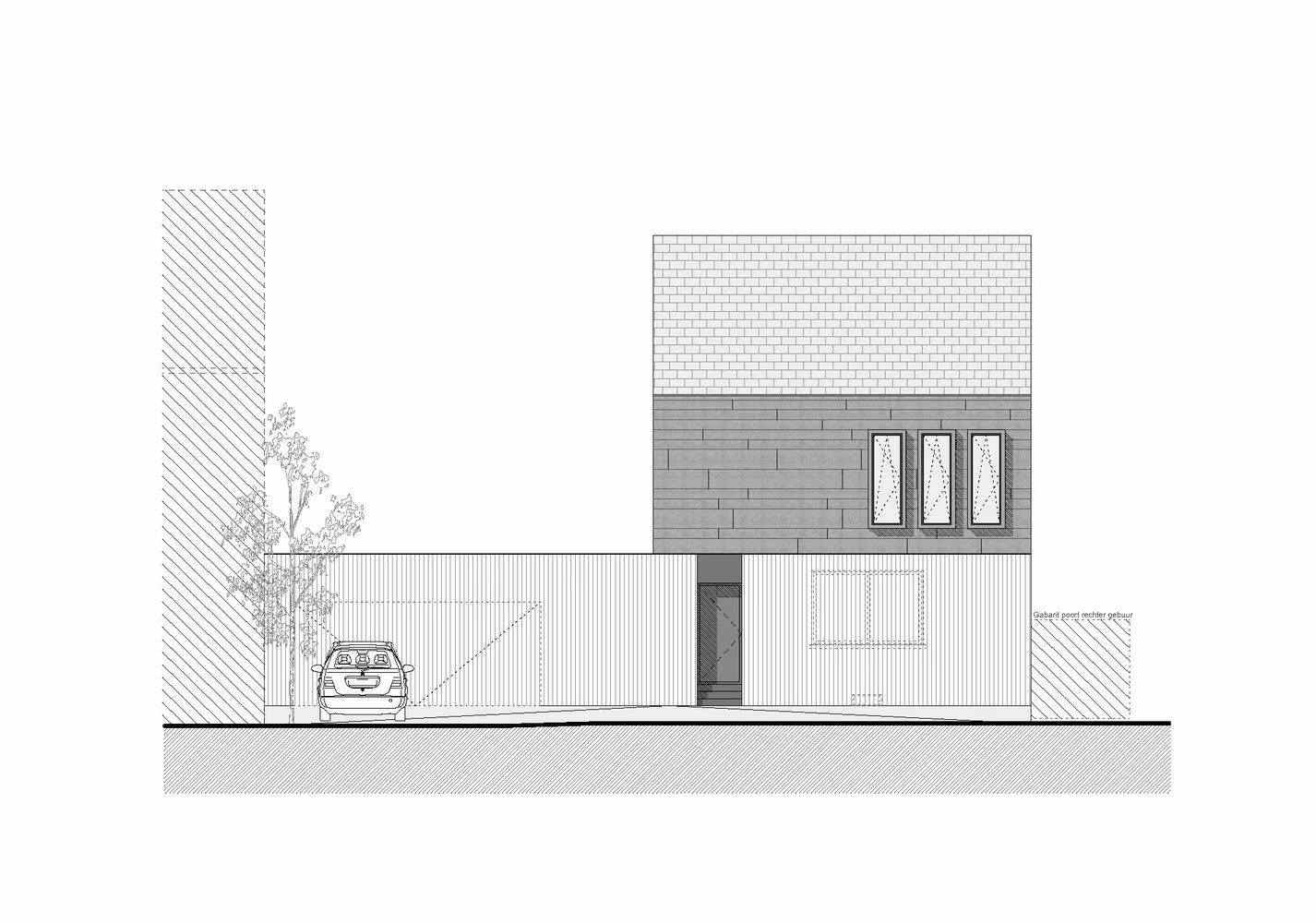 Alzado frontal de Goetsenhoven House con el muro bajo, el garaje y el volumen superior con tres ventanas