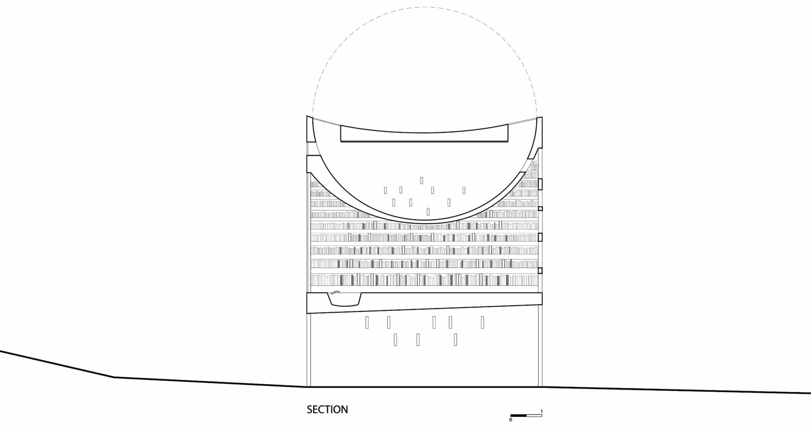 Sección de Haffenden House con la cubierta curva circular sobre las estanterías y el pie de la escalera