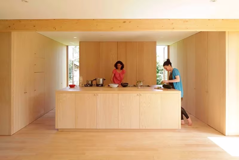 Cocina de contrachapado con isla central dentro de un volumen de madera en la Maison dans le Jardin