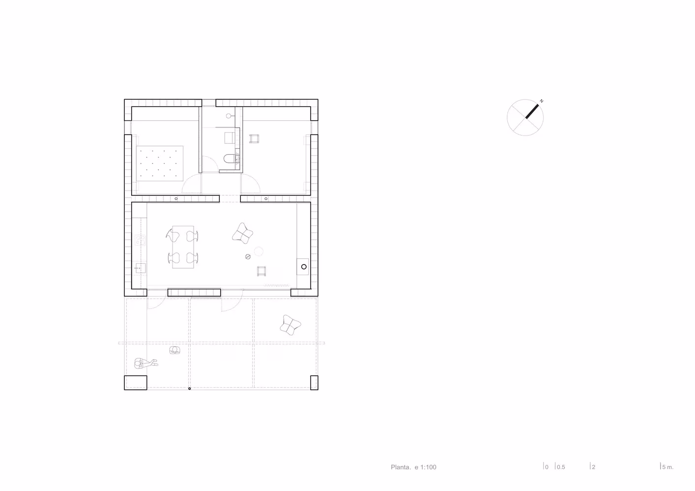 Planta de Can Xomeu Rita, de 69 m2, con sala, dormitorio y baño bajo un porche