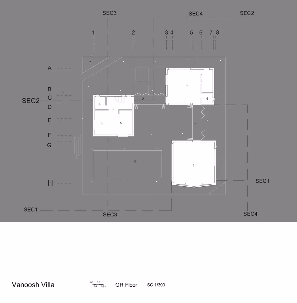 Planta baja de Villa Vanoosh con las piezas dispersas conectadas por pasillos y la zona de piscina