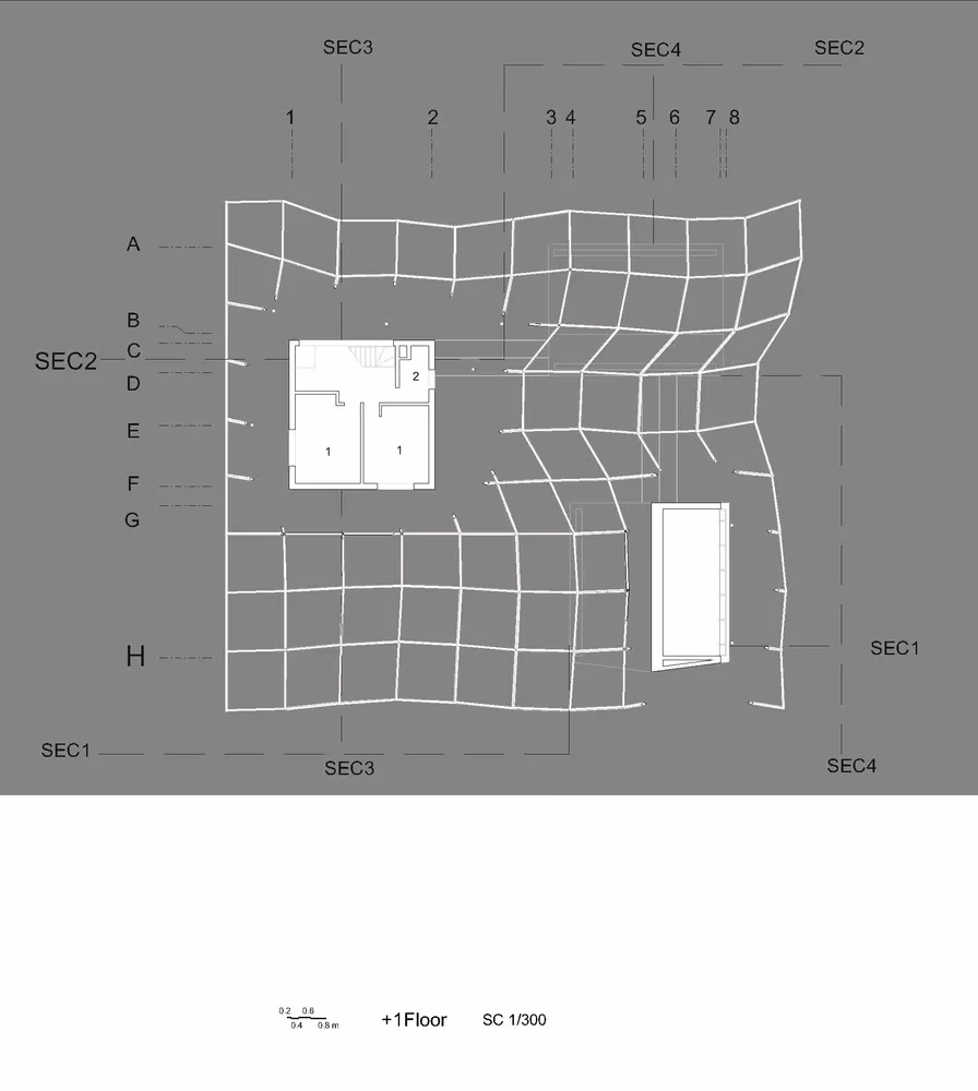 Planta primera de Villa Vanoosh con los volúmenes bajo la retícula ondulada del entramado