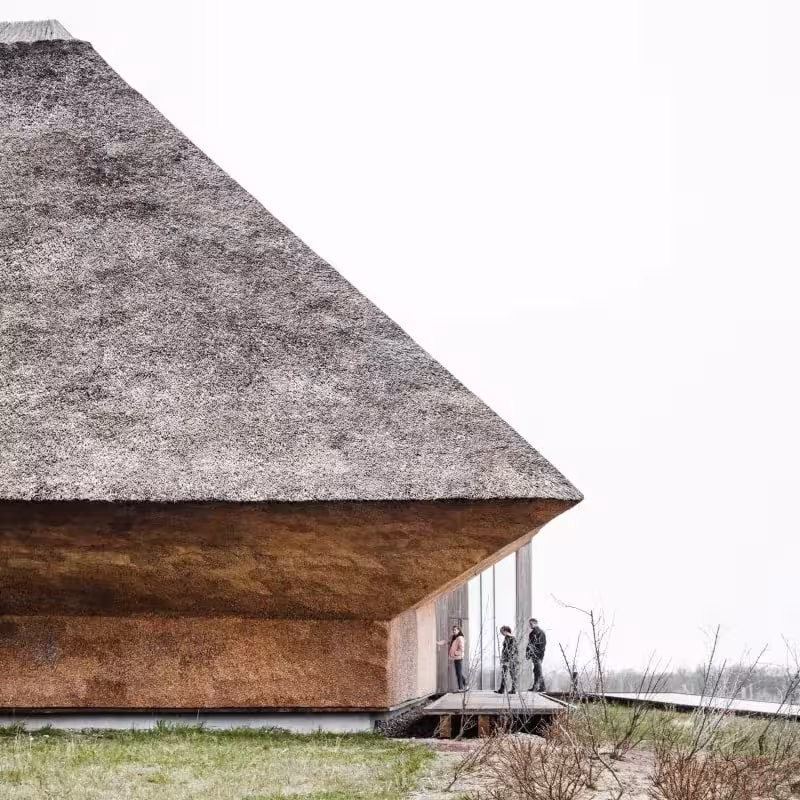 Esquina del centro del Mar de Wadden de Dorte Mandrup con el gran faldón de paja y el volumen de madera