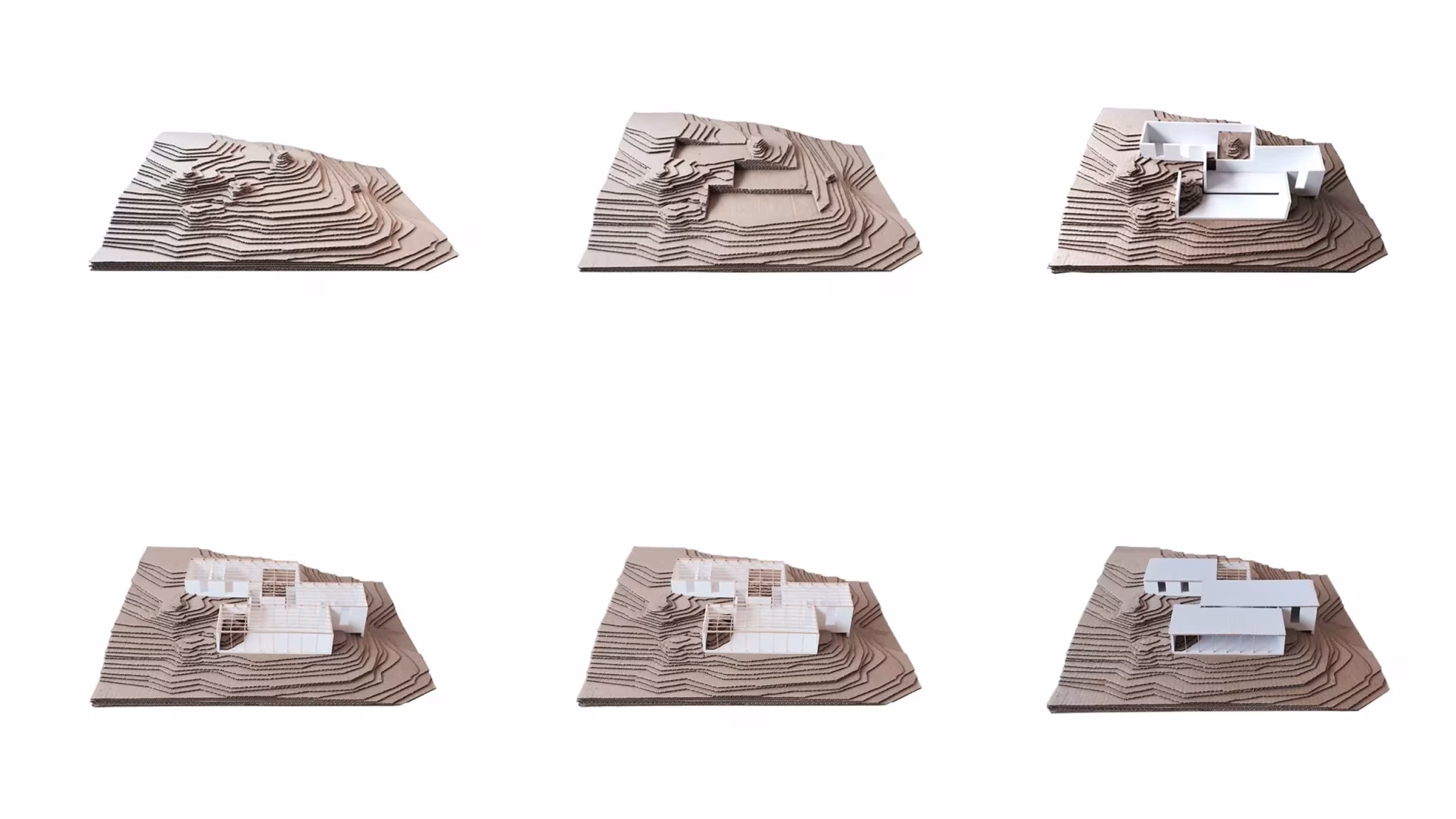 Maquetas de estudio de la Casa JB sobre el terreno con curvas de nivel, en seis variantes de implantación