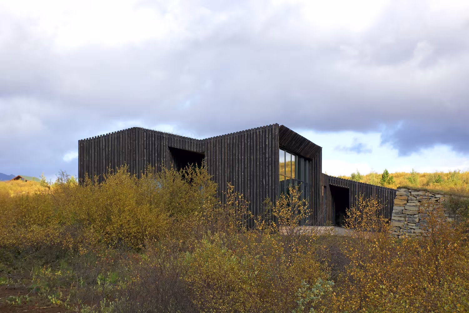 Volúmenes de madera quemada de una cabaña de PK Arkitektar entre arbustos otoñales en Islandia