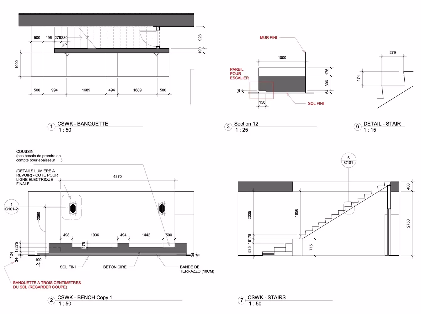 Detalles de la banqueta, la escalera y la sección constructiva de hormigón de la Casa MA