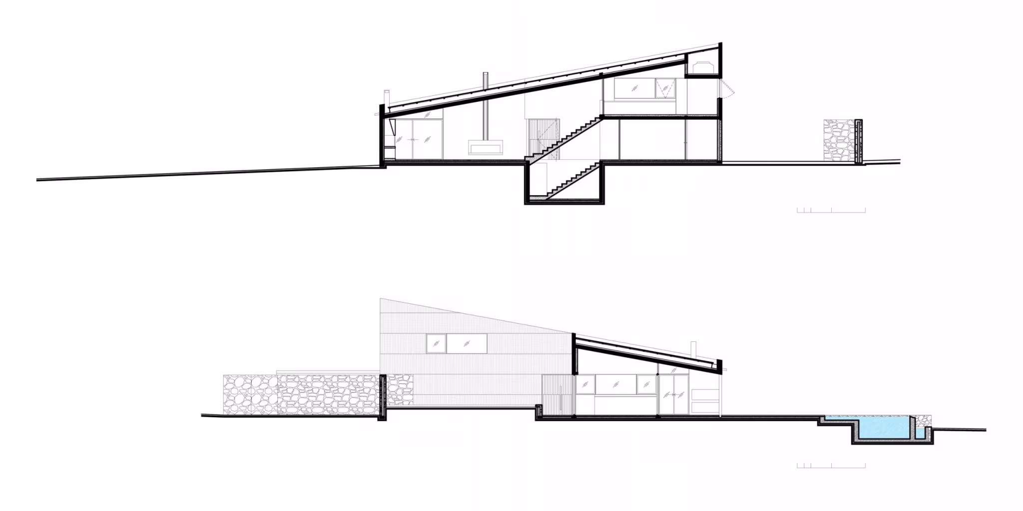 Secciones de la Casa MM sobre el terreno, con la piscina en el alzado inferior