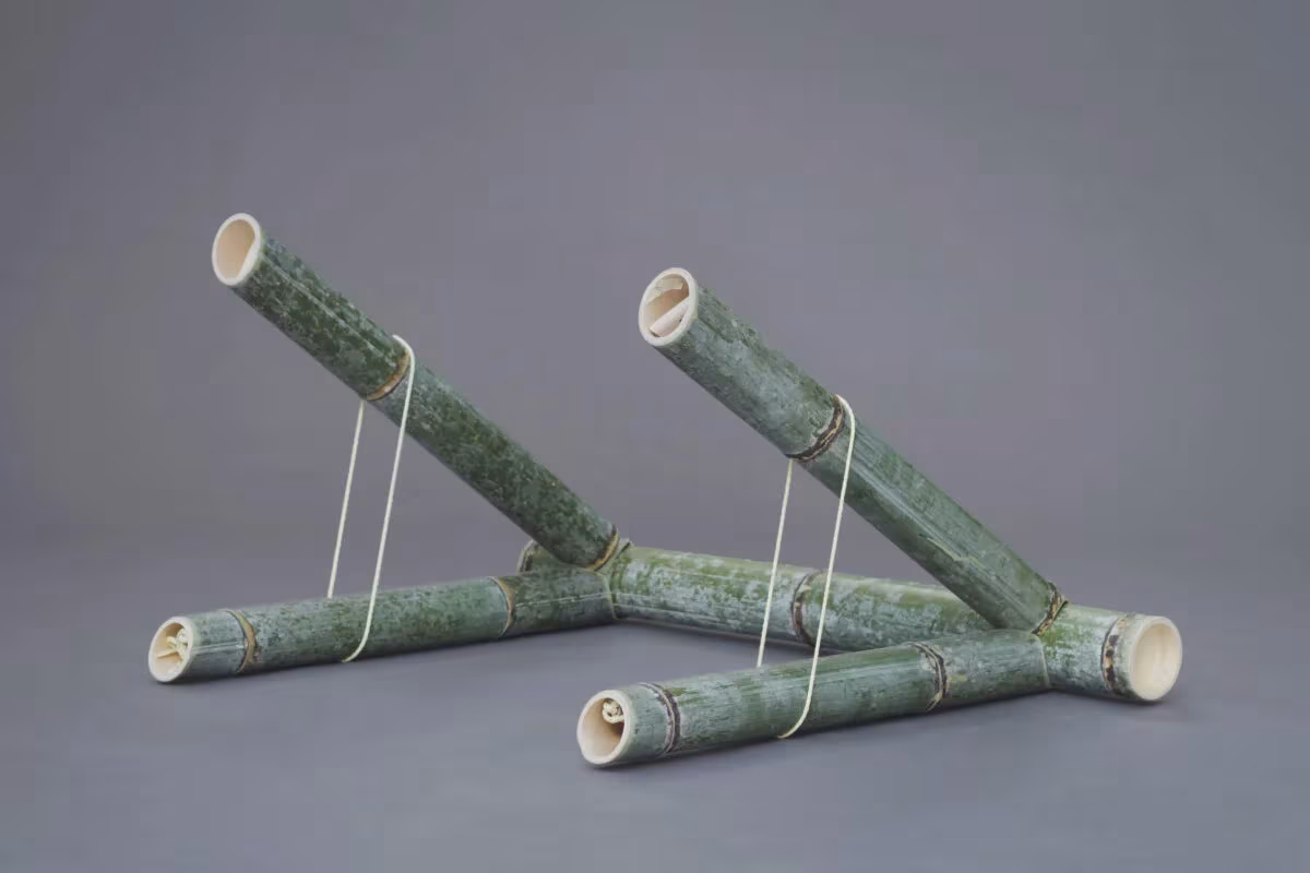 Estructura de bambú en forma de Y atada con cuerda blanca sobre fondo gris, pieza de Soba