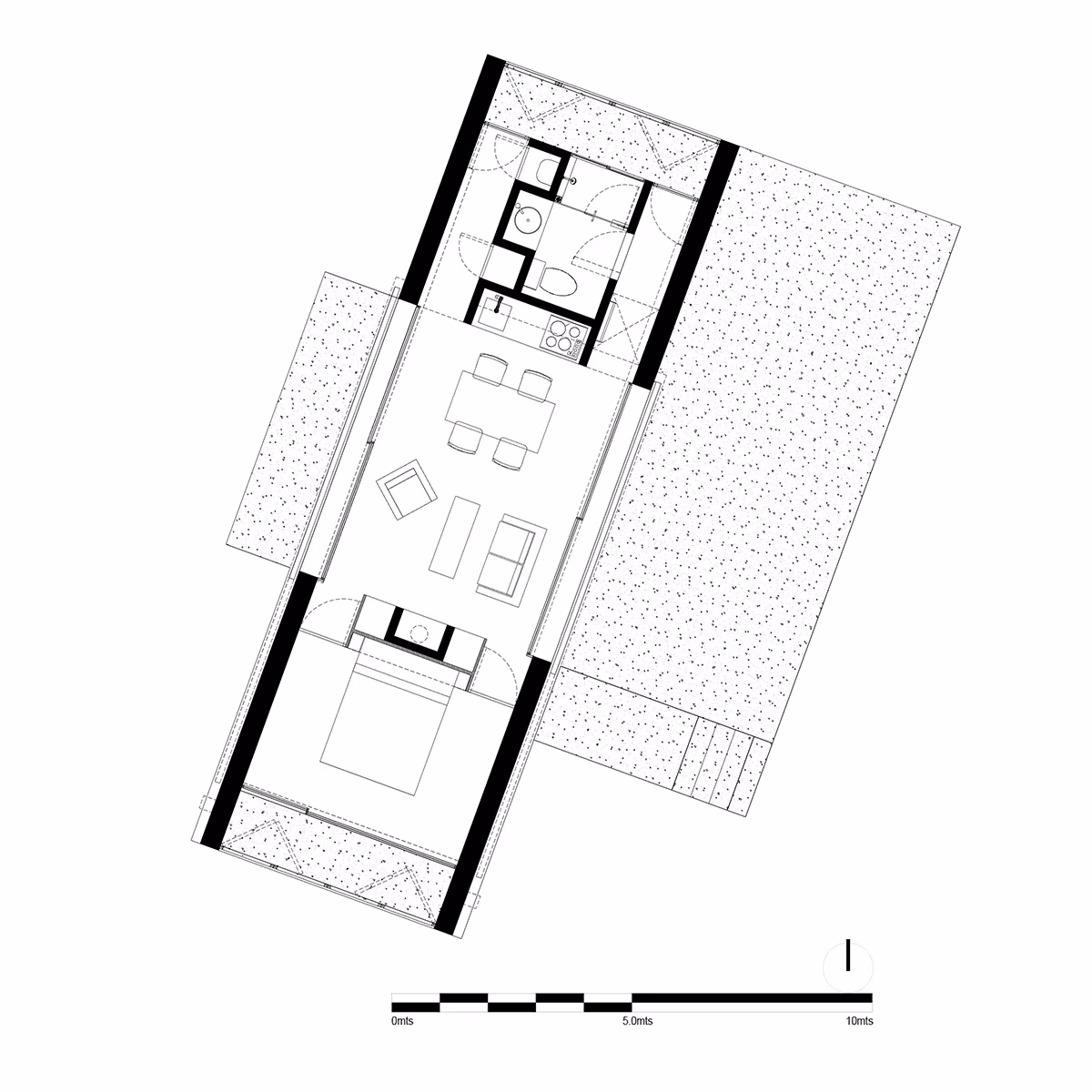 Plano de planta de la casa de Aculco con cocina, sala de estar y dormitorio en un solo volumen alargado