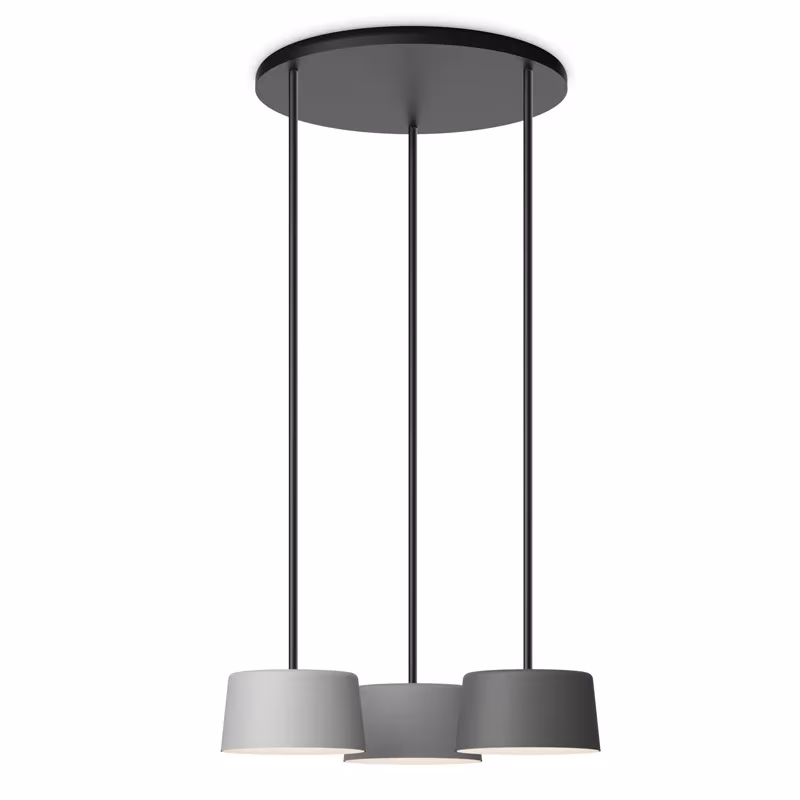 Composición de tres pantallas Tube grises sobre un rosetón circular negro, de Ichiro Iwasaki para Vibia