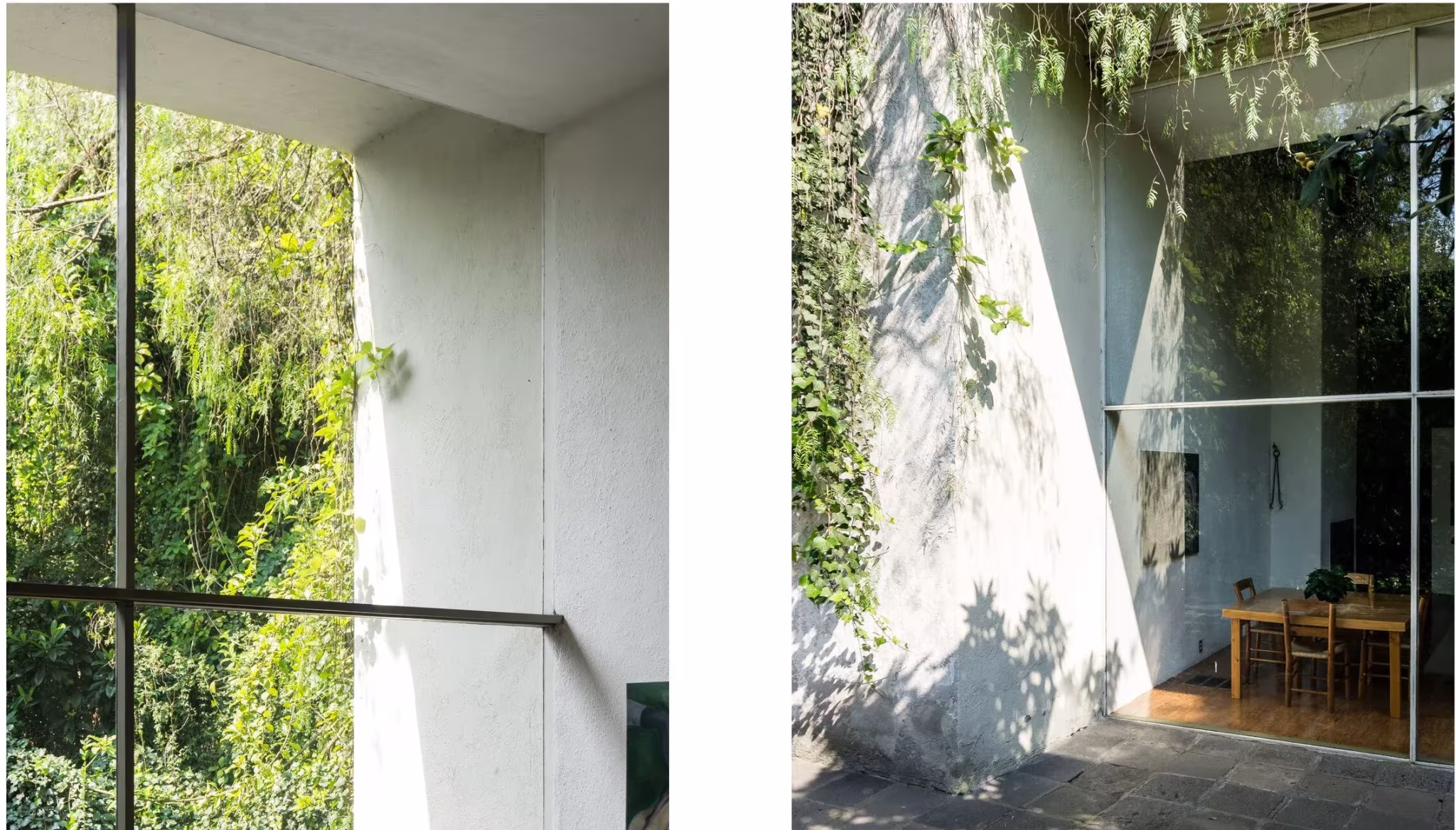 Díptico de dos vistas: ventana sobre arbolado y puerta de vidrio junto a un muro blanco, de Guillermo Santos