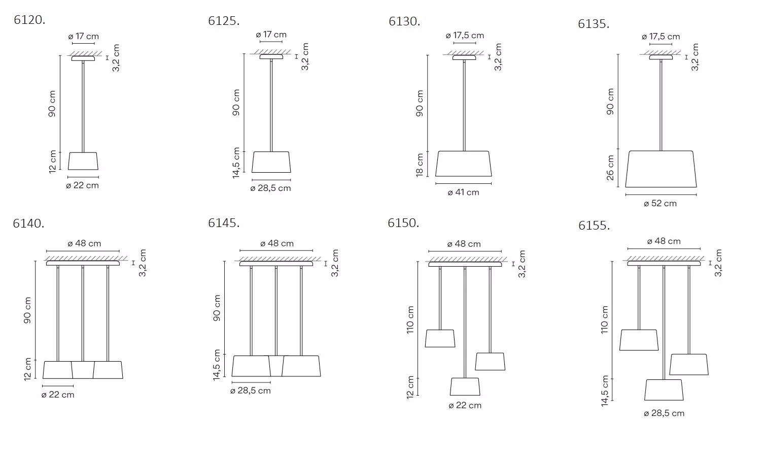 Dibujo técnico con las medidas de los modelos de lámpara Tube en versiones simple y triple