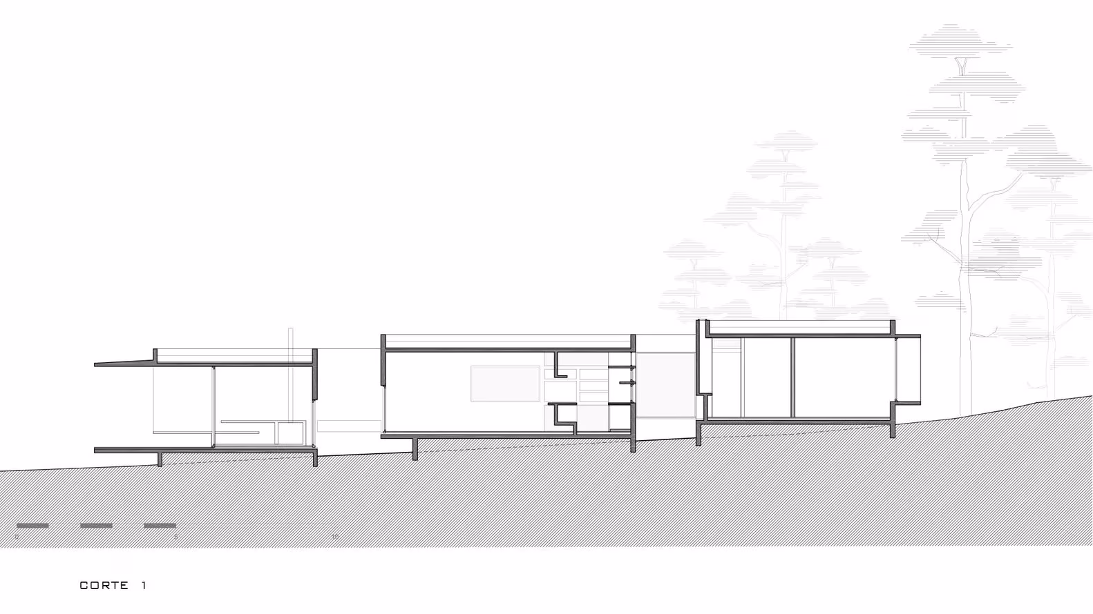 Sección de la Casa Bosque de Besonías Almeida escalonada sobre la pendiente del terreno