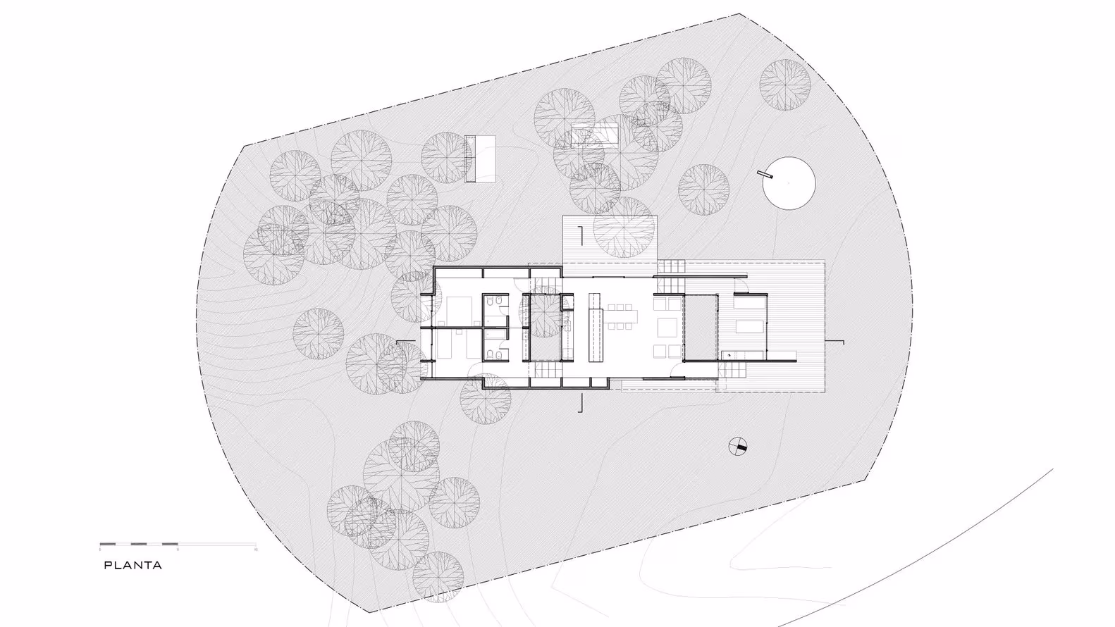 Plano de planta de la Casa Bosque de Besonías Almeida entre los árboles de la Costa Esmeralda argentina