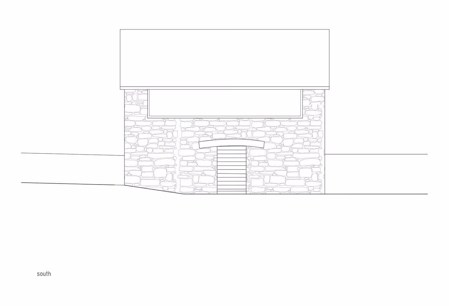 Alzado sur de la Casa Gaudin con el muro de piedra, la puerta y la ventana apaisada